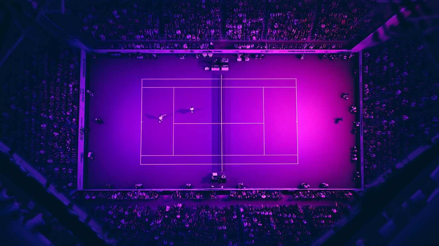 A tennis match with spectators under purple sky