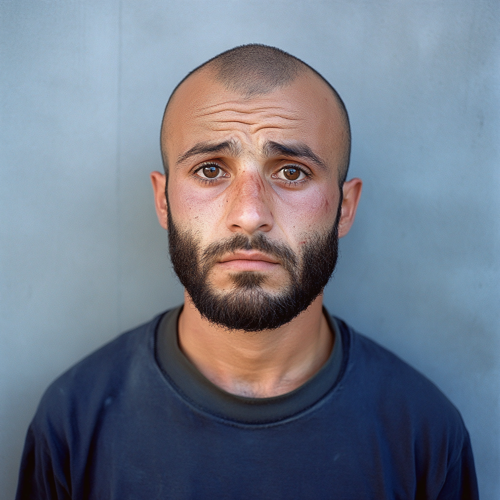 A tired, bald French man in front of wall.