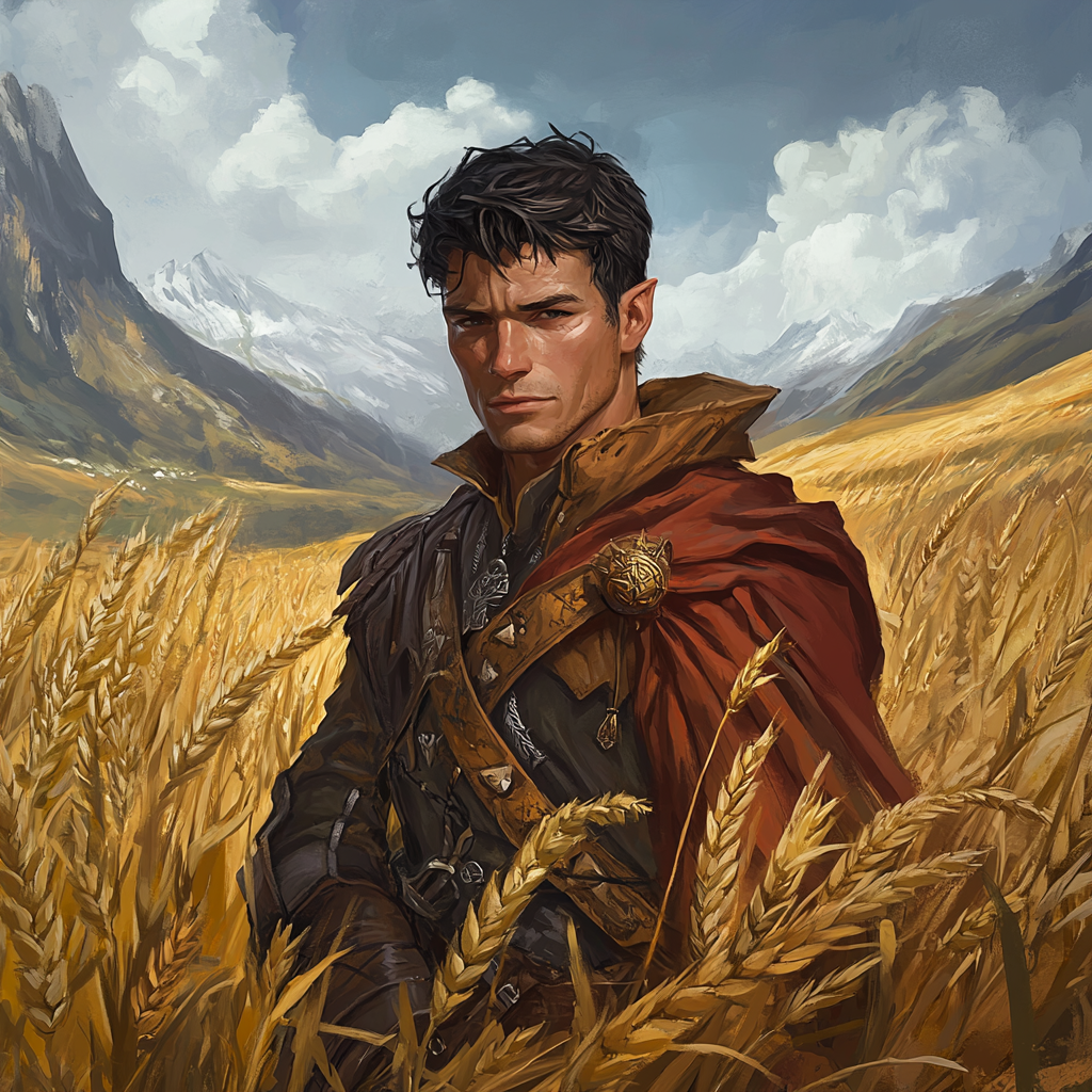 A tired, ugly elvish soldier in wheat field