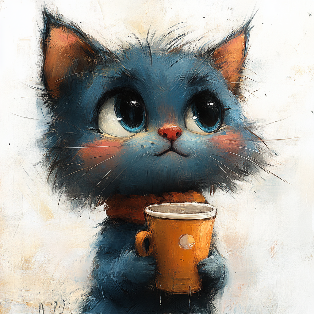 A tired cat in colorful caricature style holding coffee.