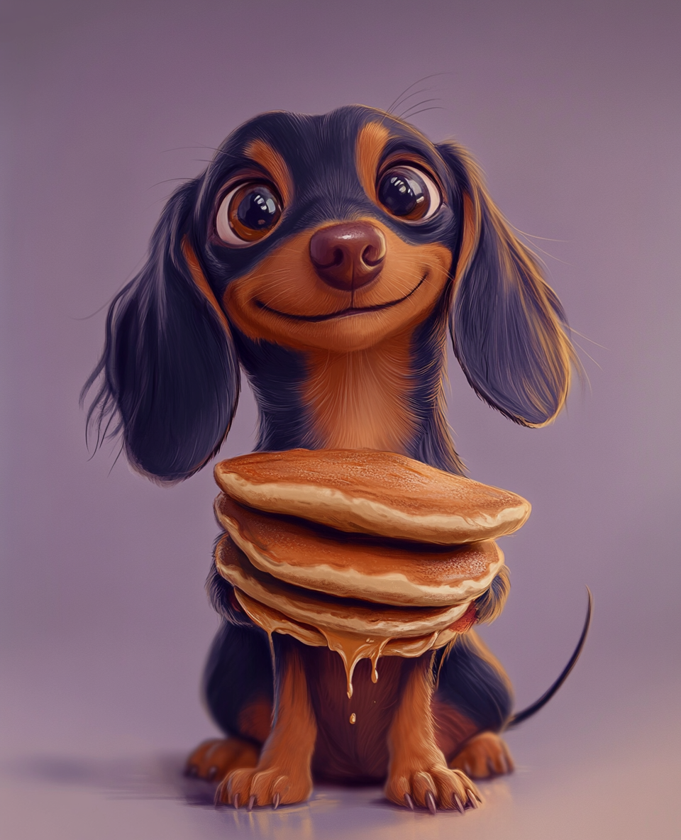 Dachshund holding pancake in caricature style