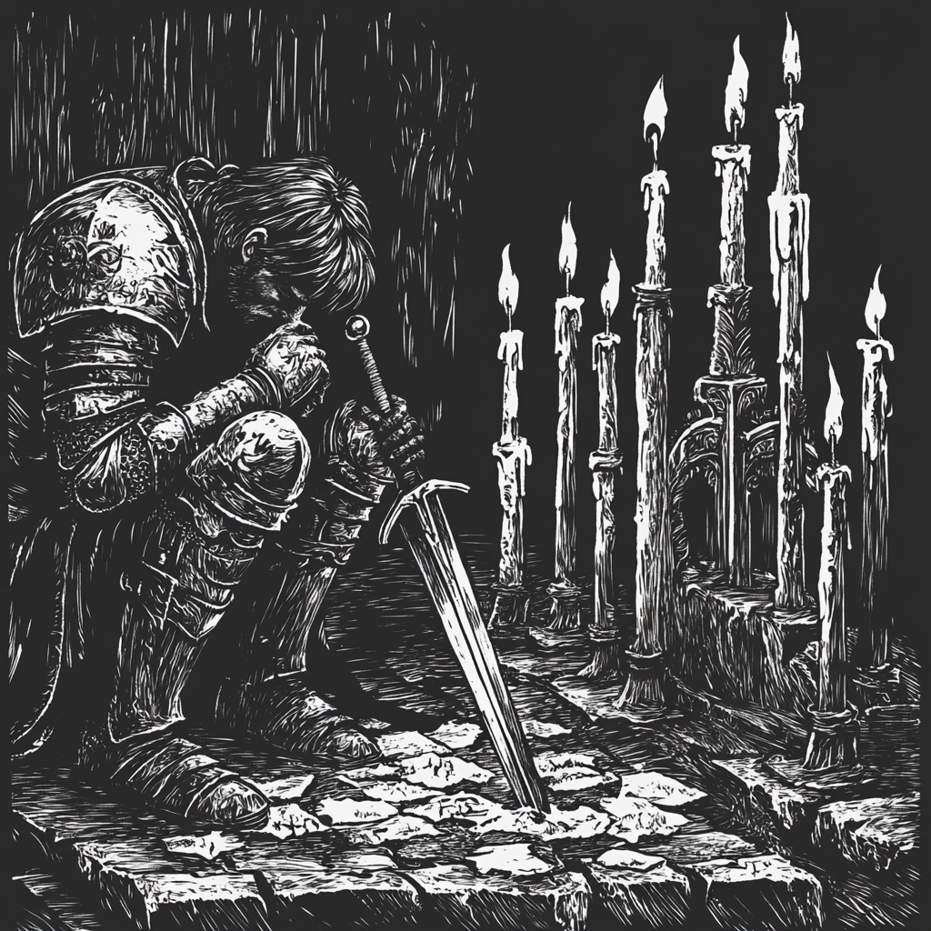 A tired knight in old armor prays.