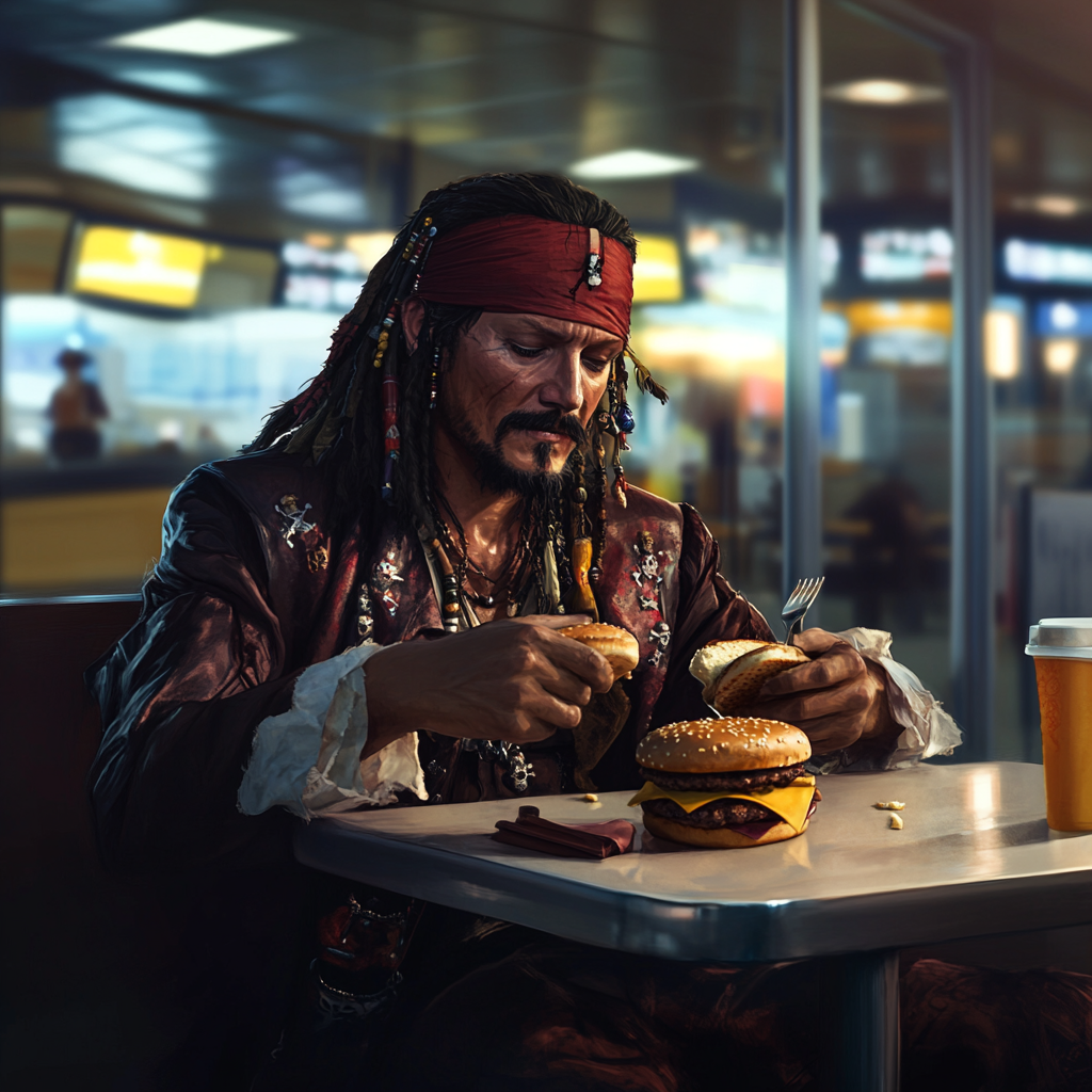 A tired pirate enjoying a burger at Burger King