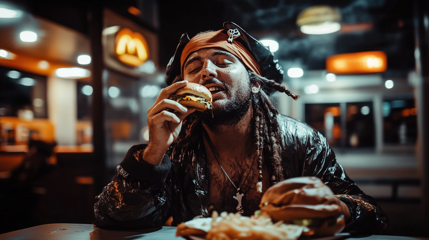 A tired pirate enjoys late-night burger party