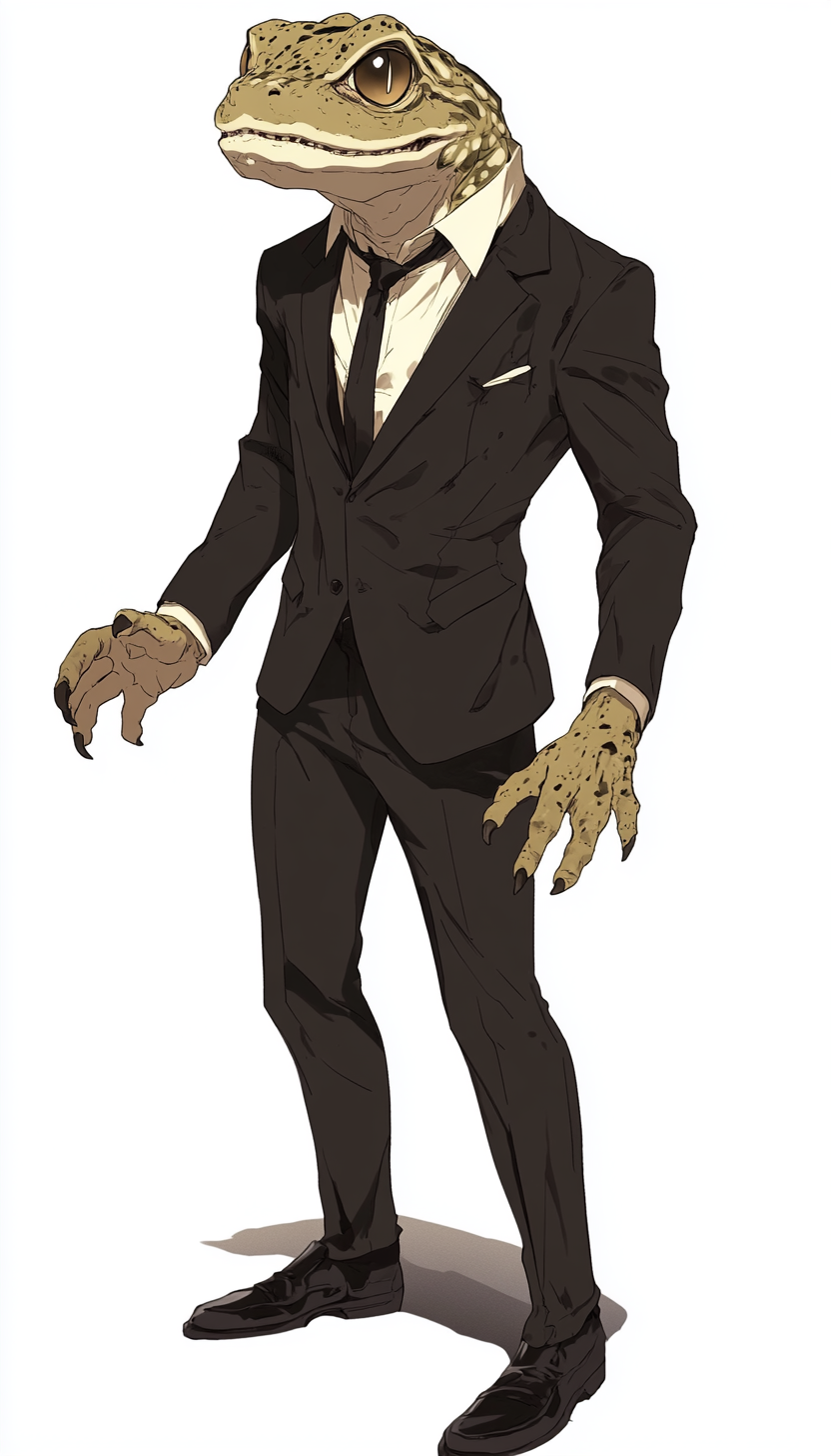 A toad-headed man in a suit. White background.