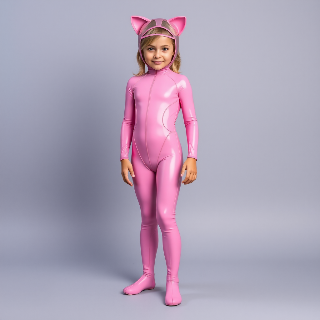 A toddler girl in a pink catsuit outfit.