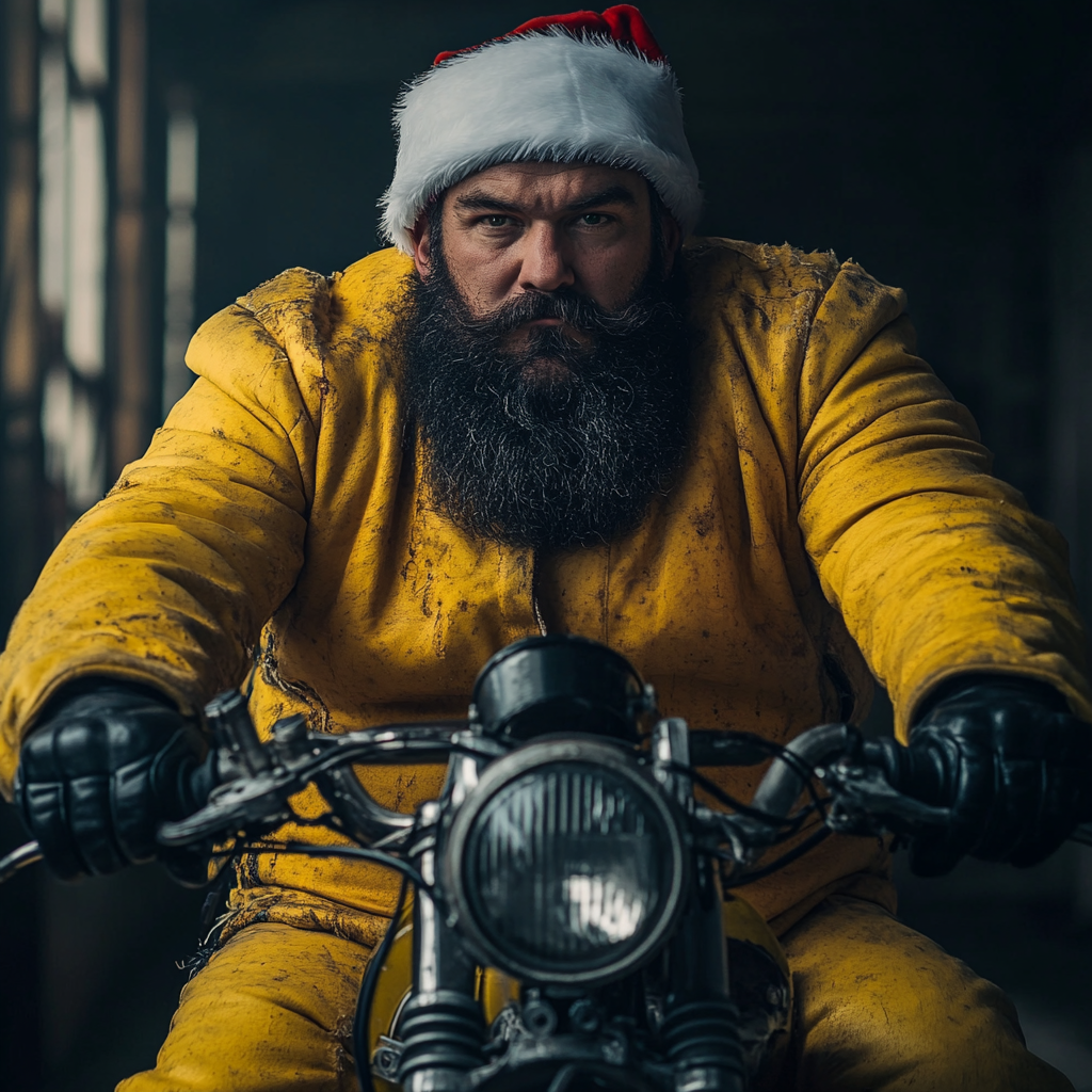 A tough biker in yellow Santa suit.