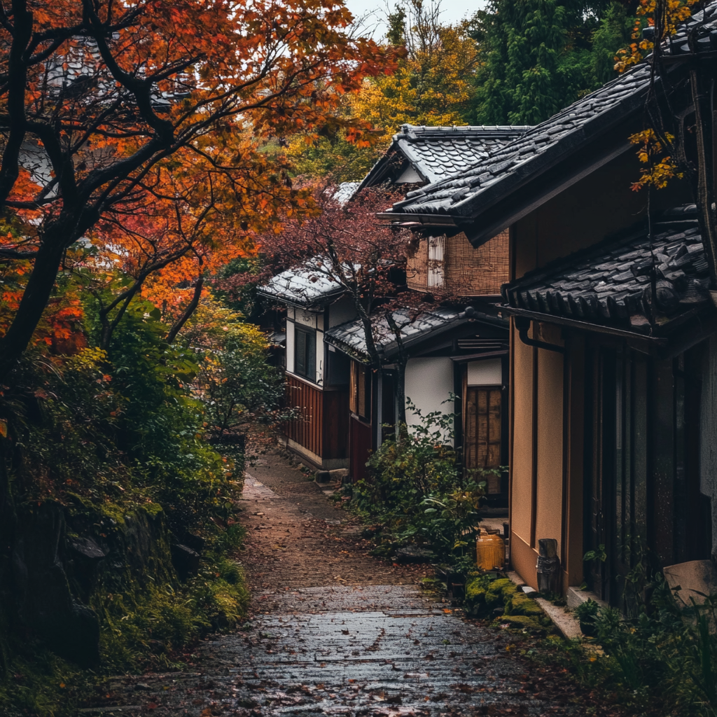 A traditional Japanese Minka in autumn day.