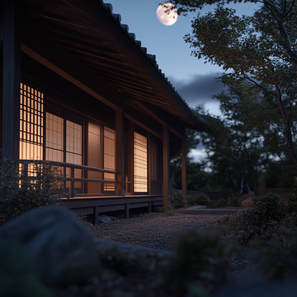 A traditional Japanese house under soft moonlight.