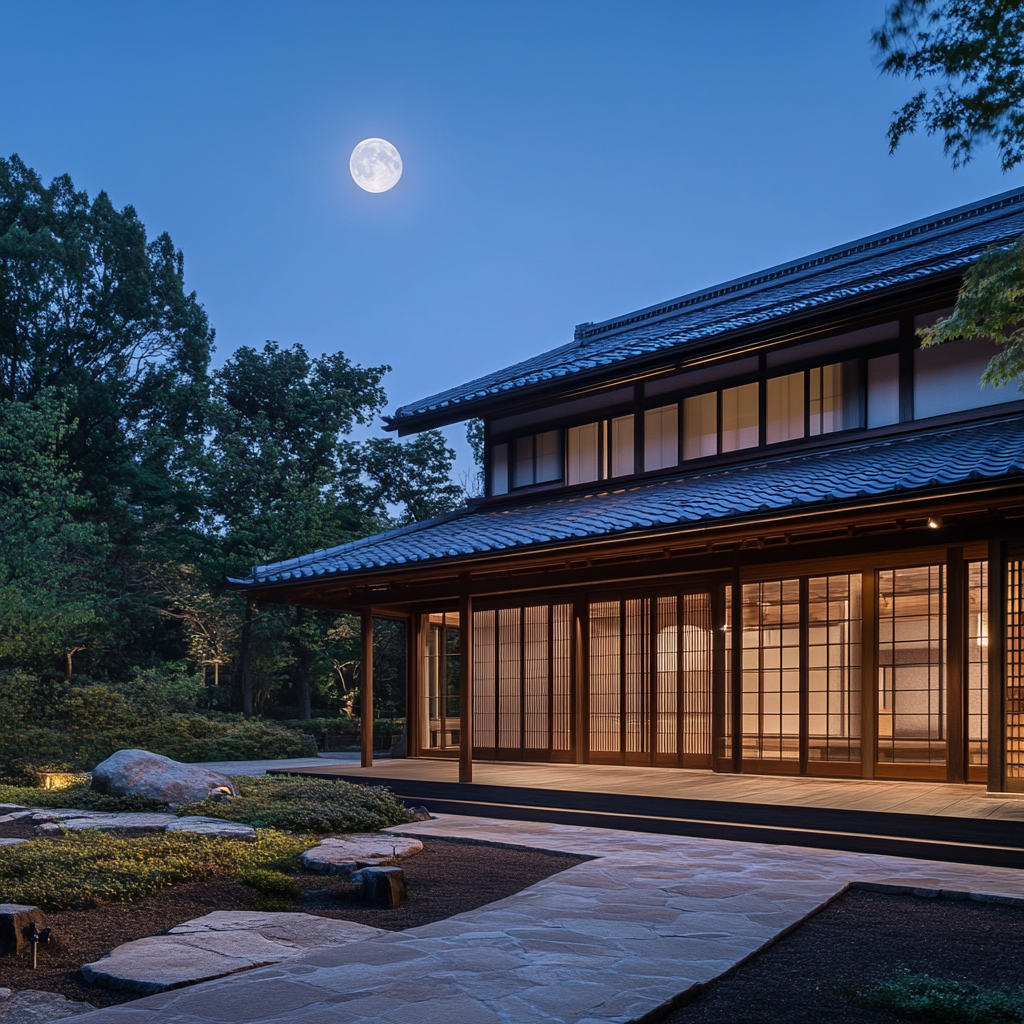 A traditional Japanese house with a moonlit garden.