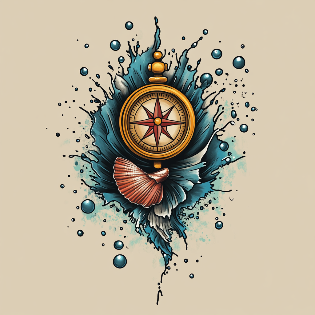 A traditional ocean-themed tattoo with compass and seashell.