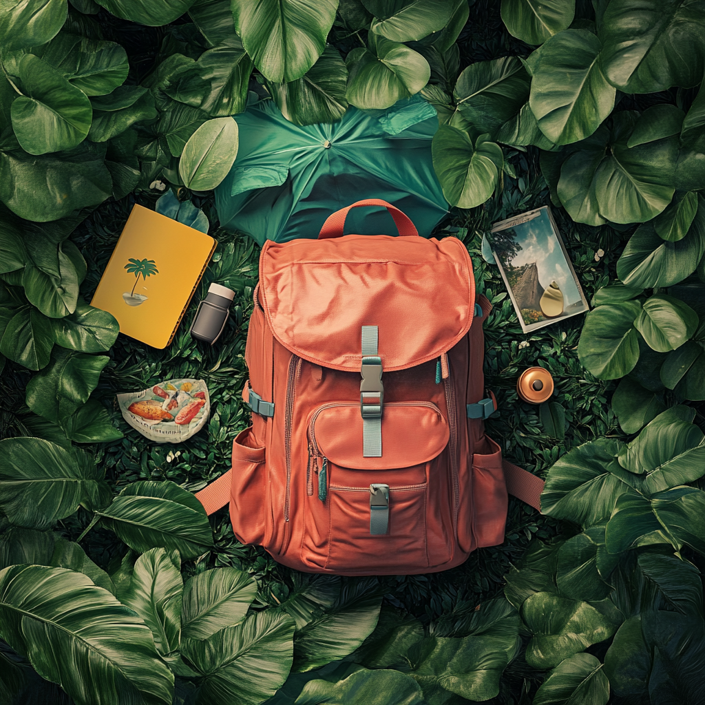 A traveler's bag filled with essentials in Jeju forest.