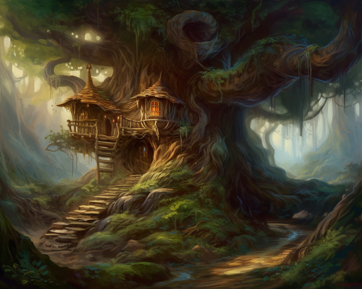 A tree house in enchanted forest like painting.