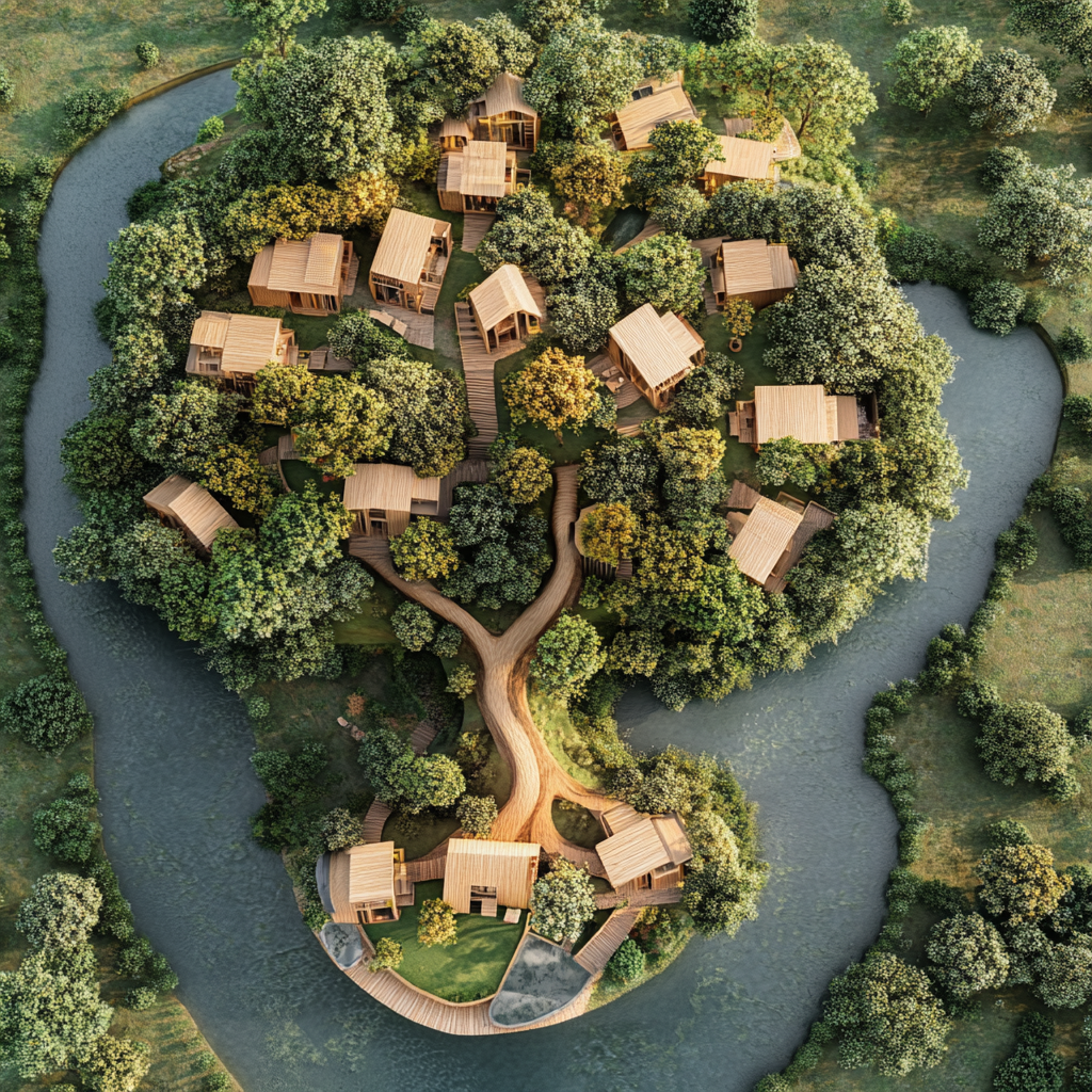 A tree-shaped village with wooden houses hanging from branches.