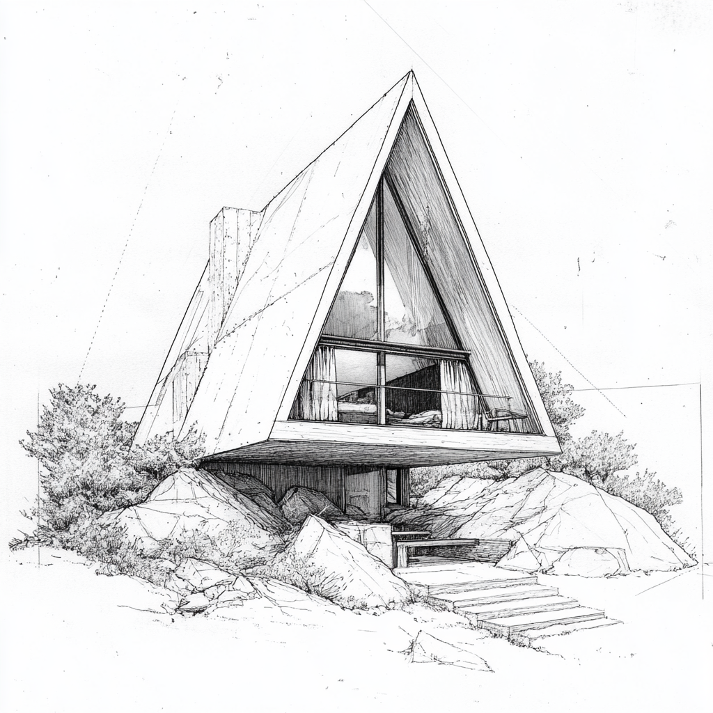 A triangle cabin with window curtains and mountain view.