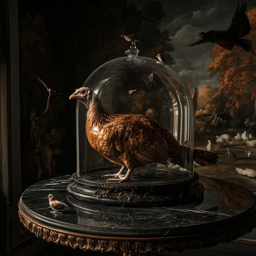 A turkey under glass dome on marble table.