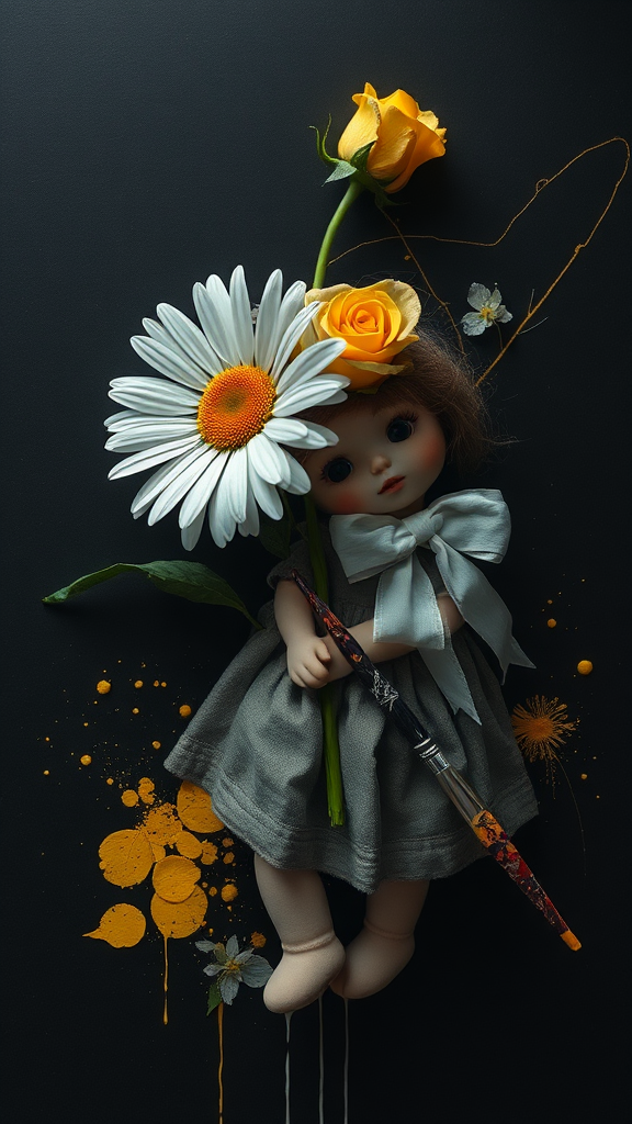 A twisted daisy and yellow rose with broken doll.