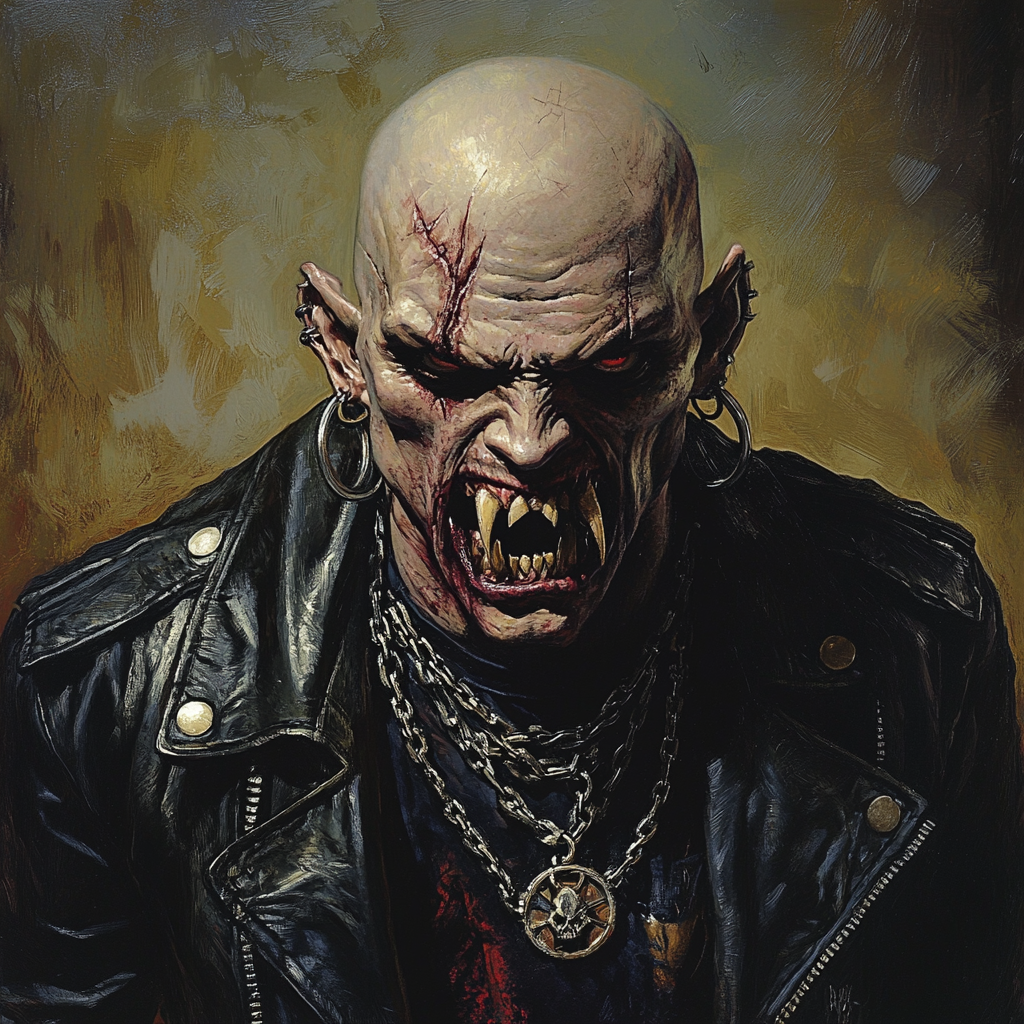 A vampire with bald head, pimples, and earrings.