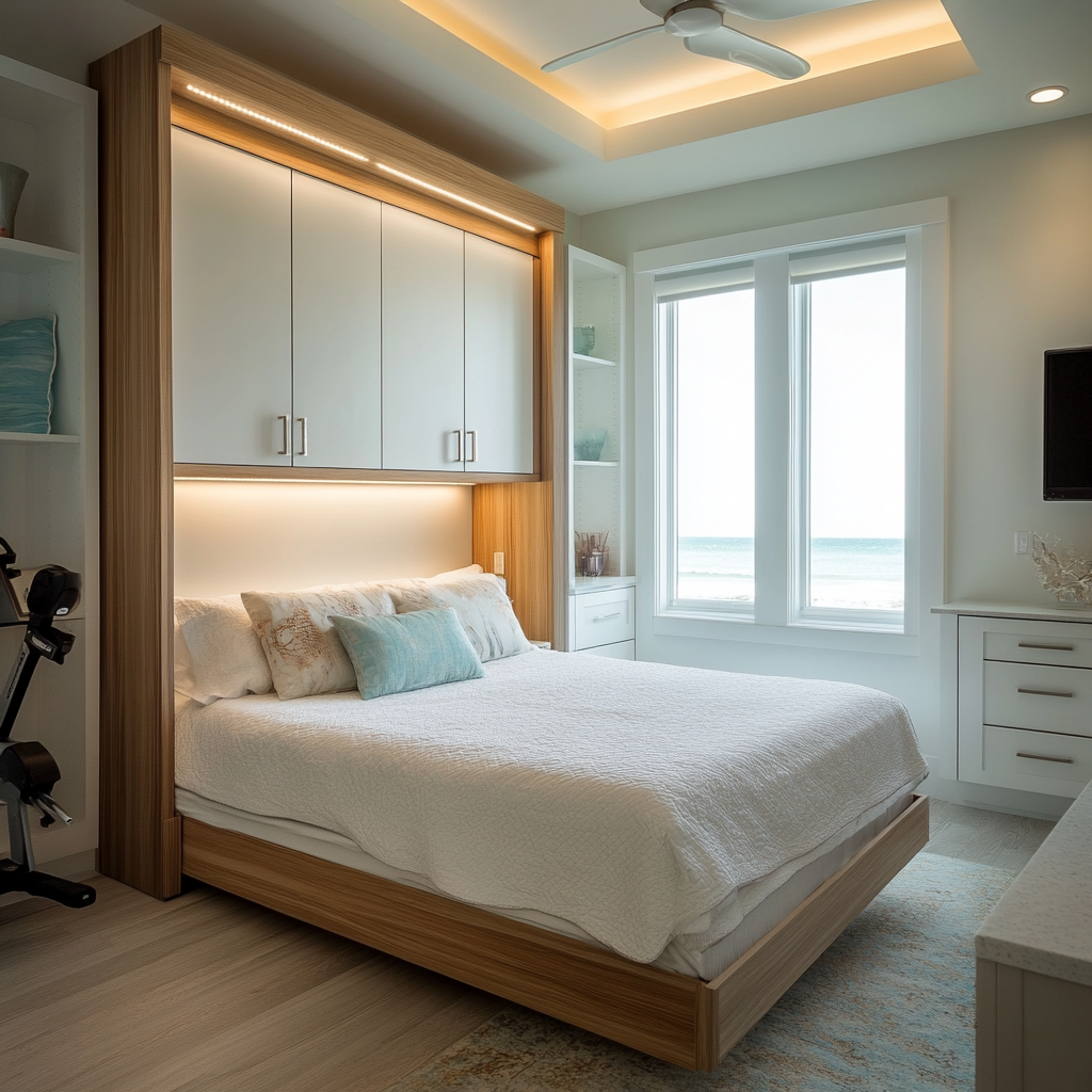 A versatile guest room with built-in closet, Murphy bed, dressing table, exercise equipment, and flatscreen TV.