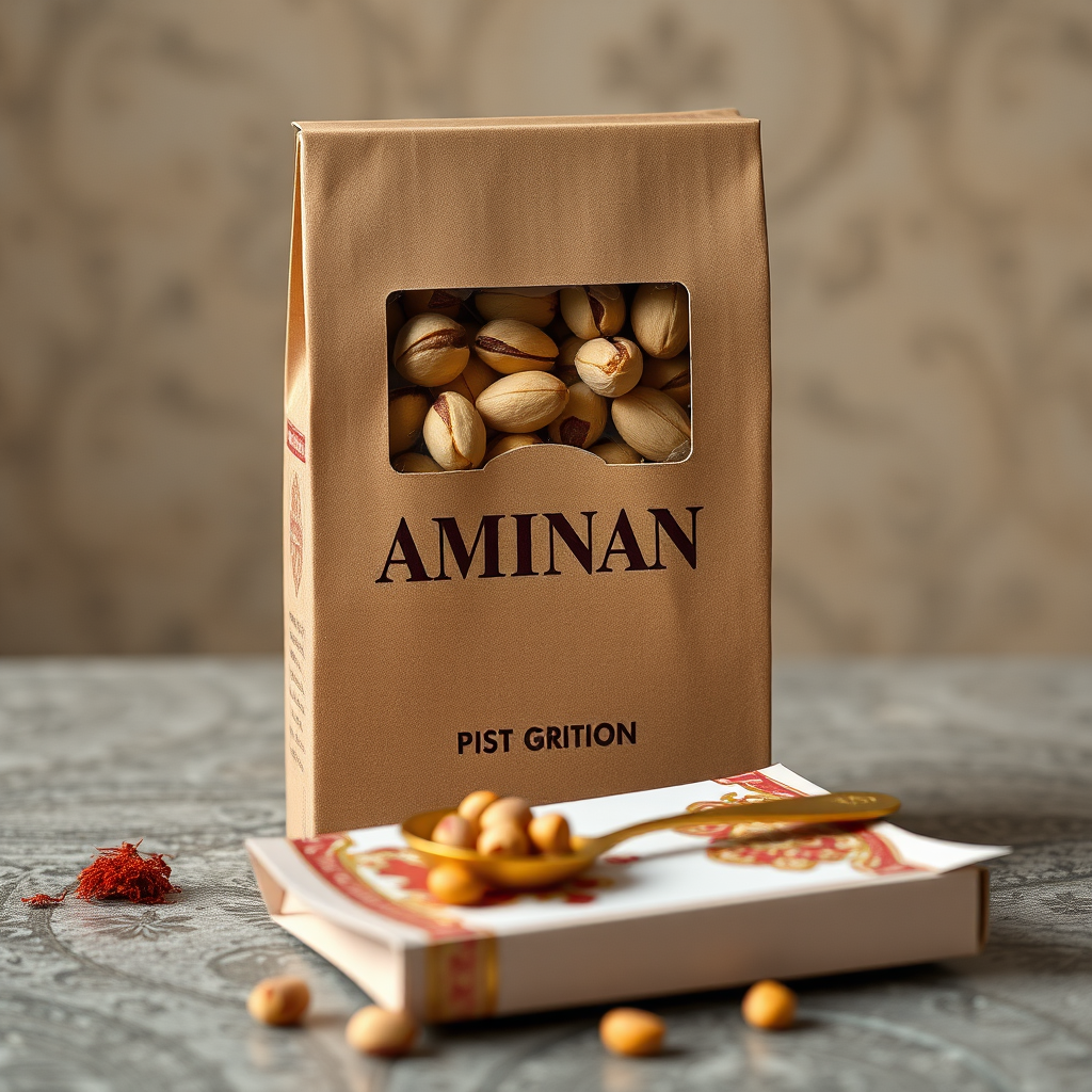 A vertical package with pistachios, Iranian carpet design.