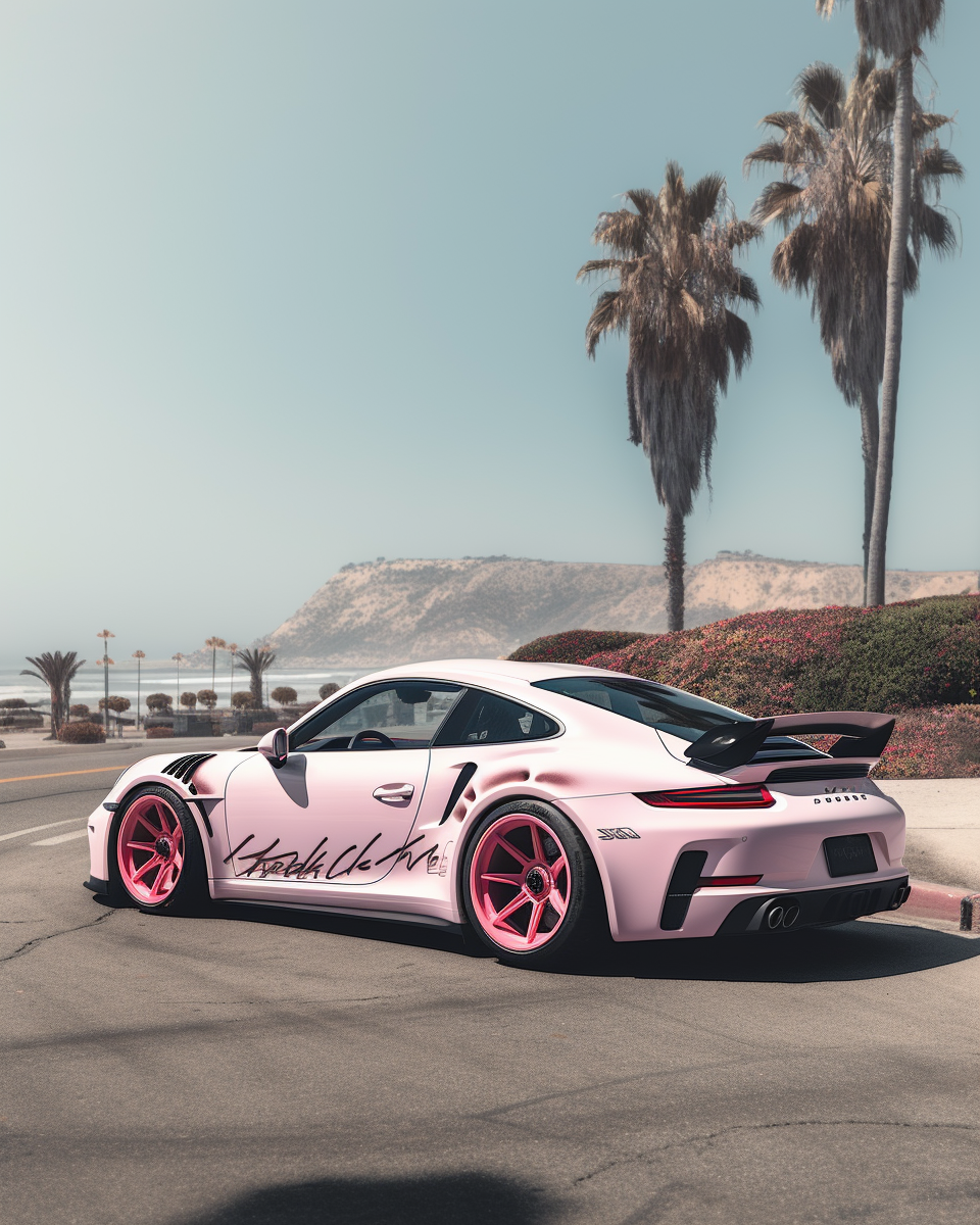 A vibrant, modified white and pink Porsche 992