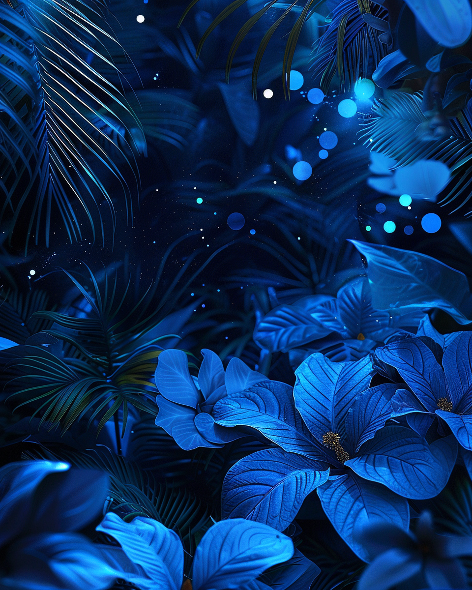 A vibrant blue tropical plant and flower illustration.