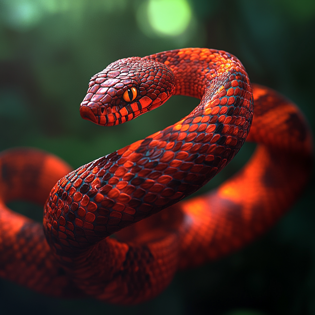 A vibrant red snake slithering in the dark.