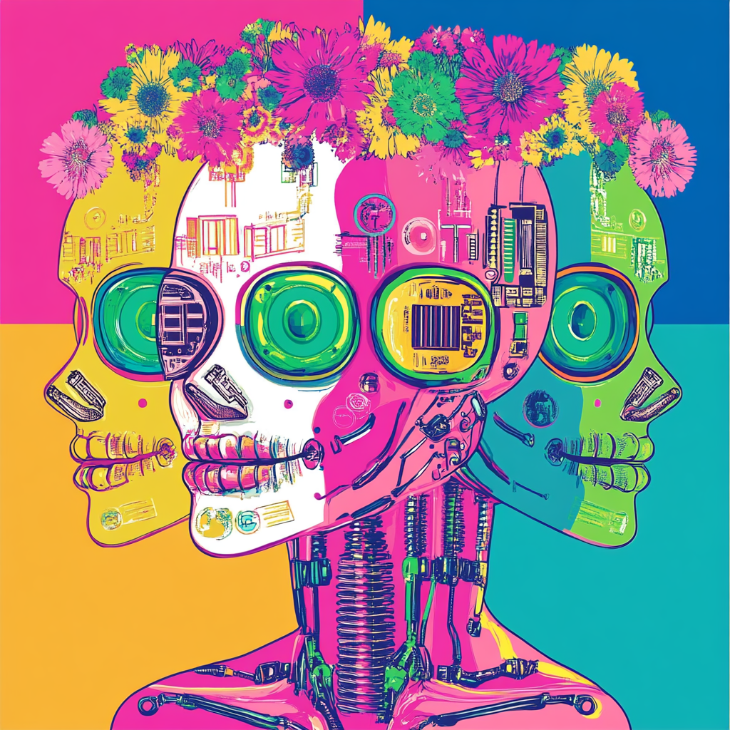 A vibrant robotic Catrina in pop art style