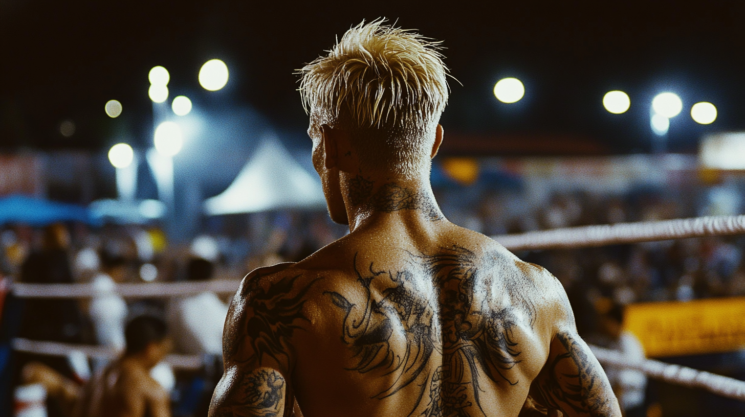 A victorious blonde Thai boxer in Lumpini Stadium