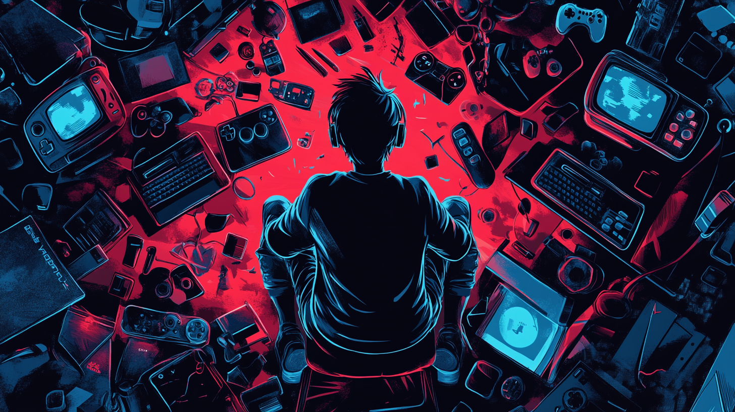 A video gamer surrounded by gaming tools in vivid colors.