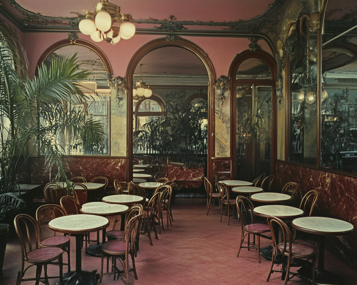 A view of a Parisian cafe with circular tables.