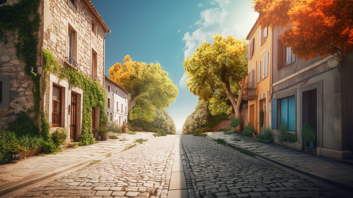 A village and street meeting in vibrant landscape