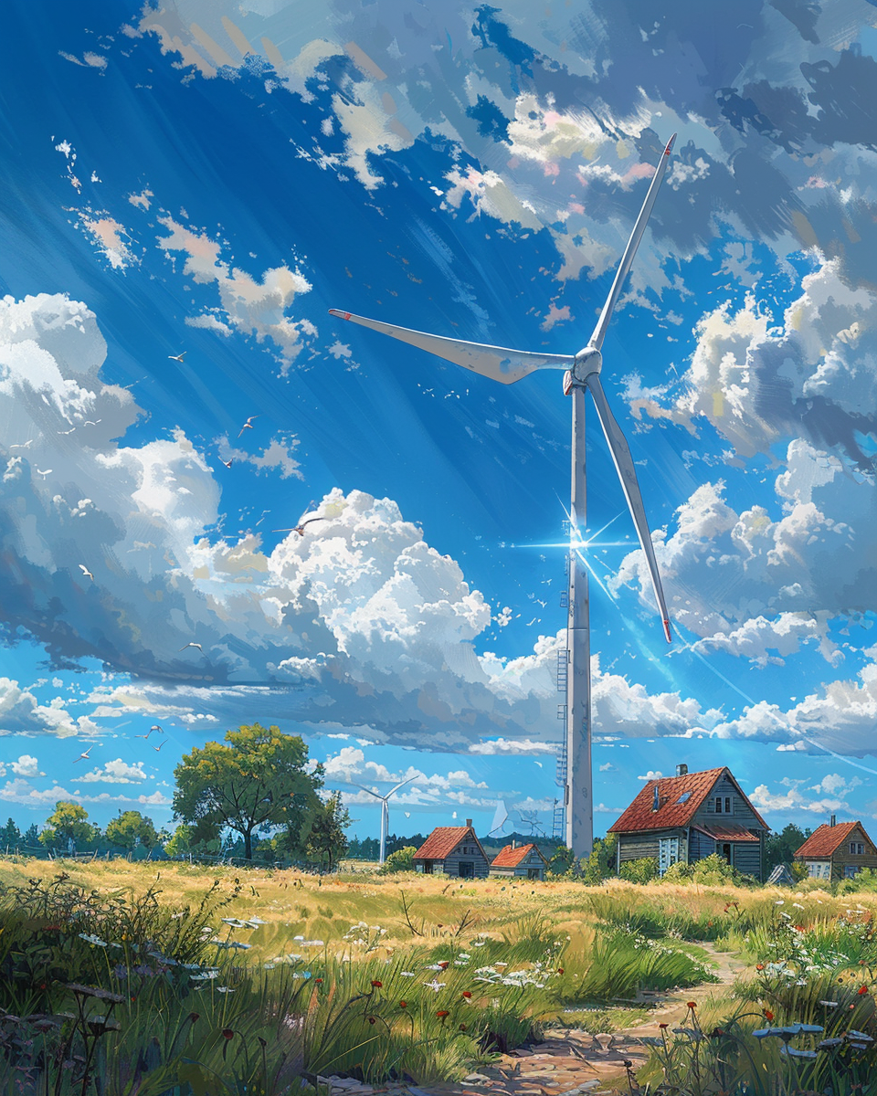 A village windmill powers using advanced energy systems.