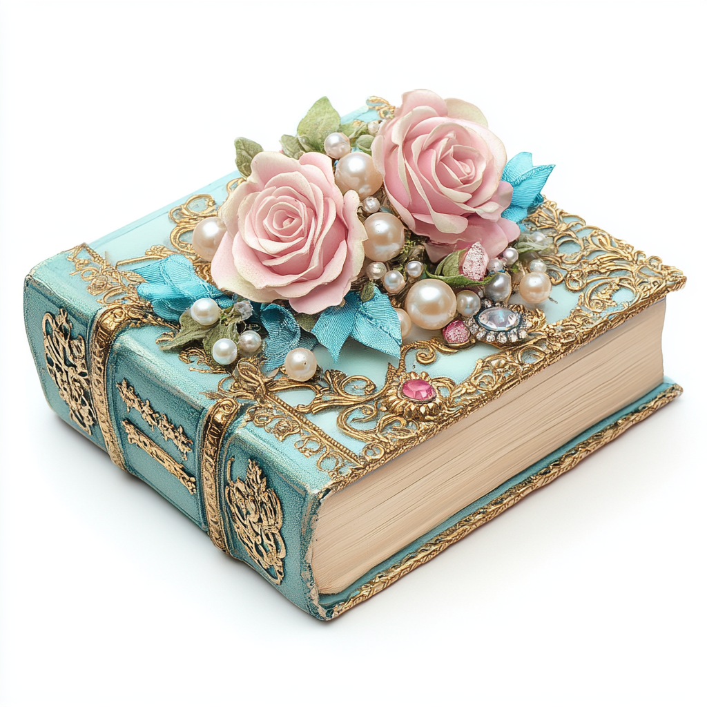 A vintage book with roses and gold details.