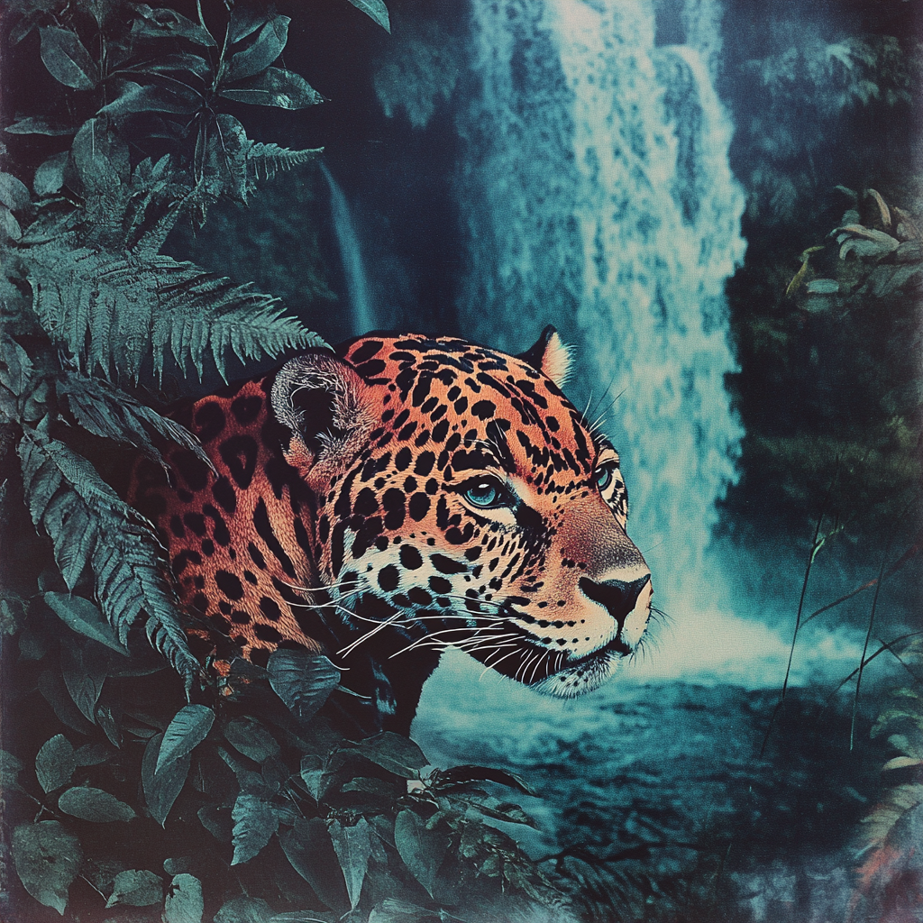 A vintage camera's photo of a jaguar near waterfall