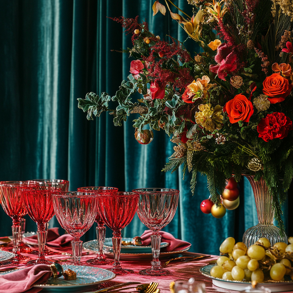 A vintage holiday table setting with red glasses.