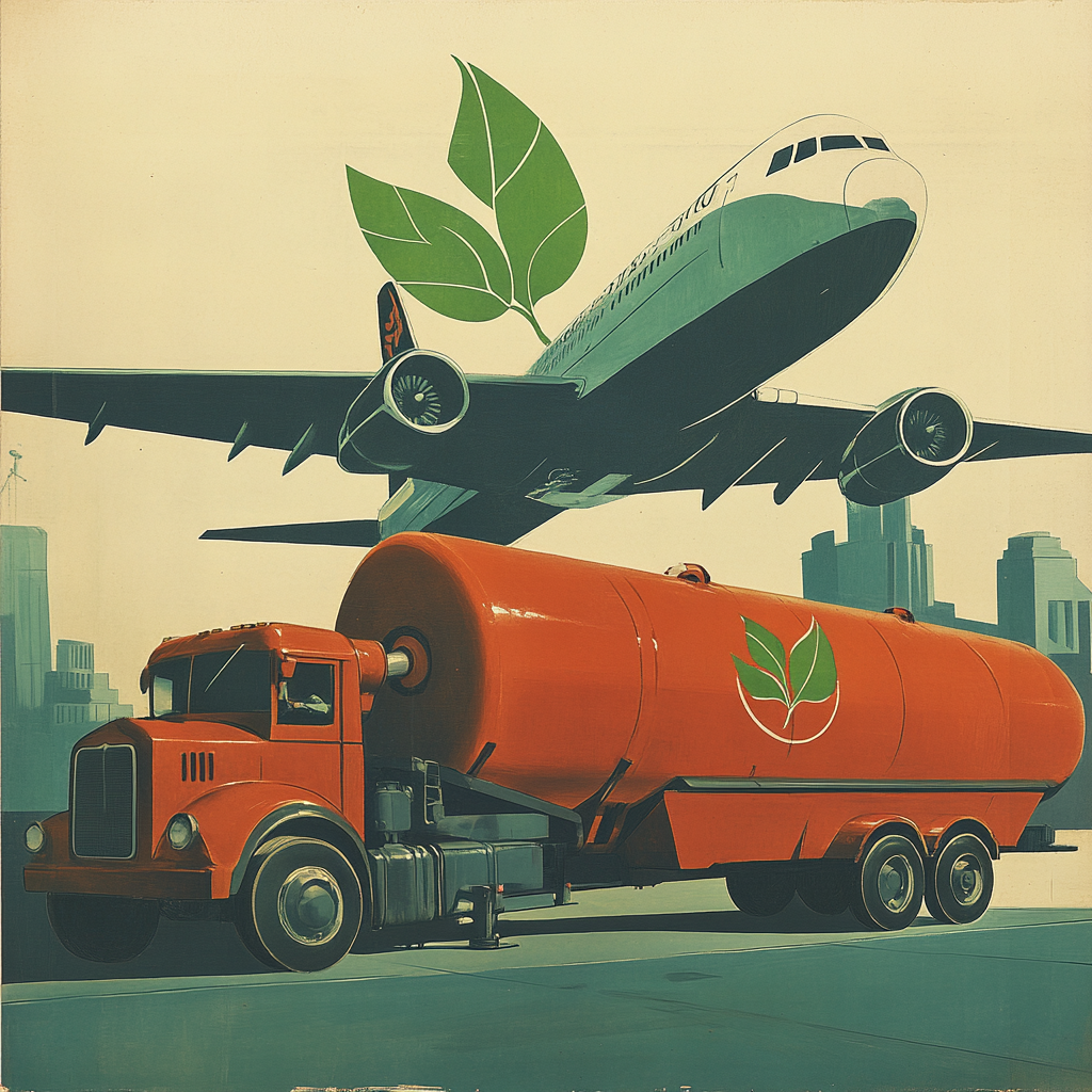 A vintage poster shows airplane getting refueled. Sustainable fuel.