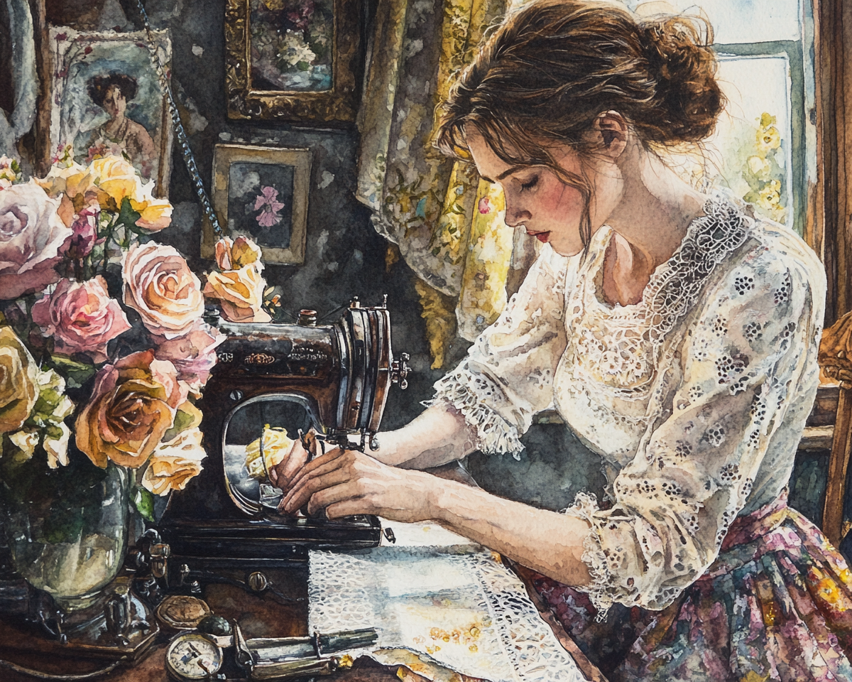 A vintage woman sewing on old machine in home.