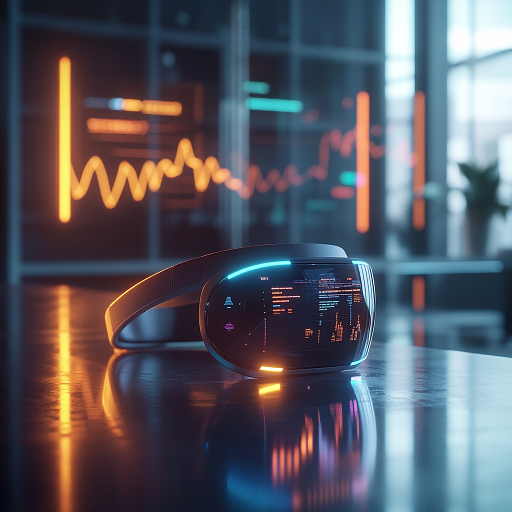 A virtual reality headset on a desk.