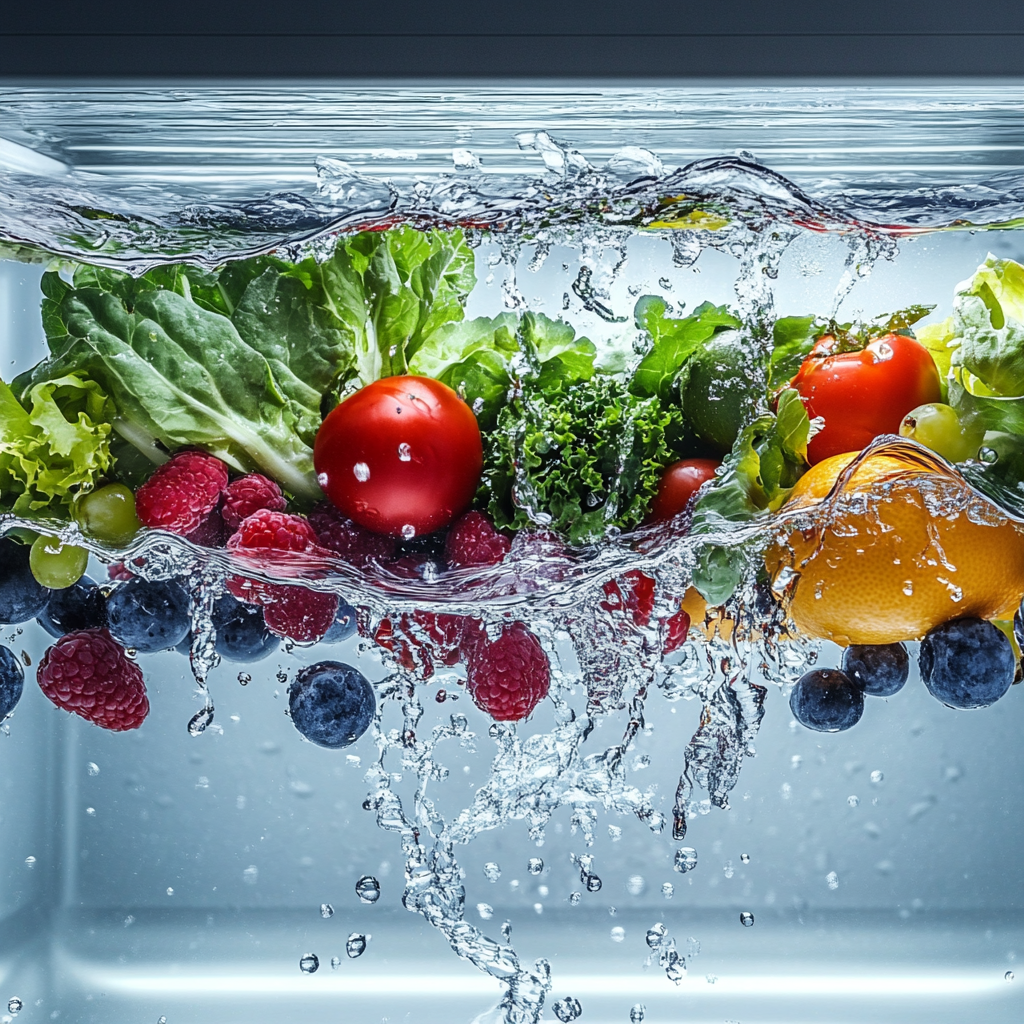 A vortex of water with mixed fruits and vegetables