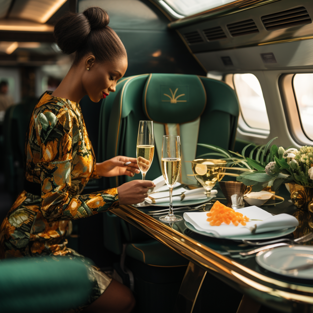 A waiter offers champagne in elegant train carriage.