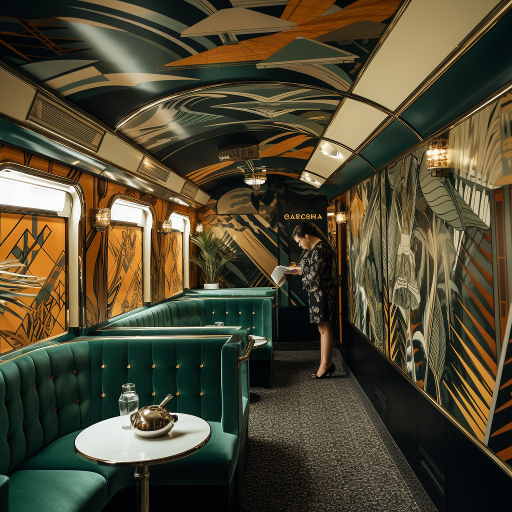 A waiter serving champagne in a fancy train.