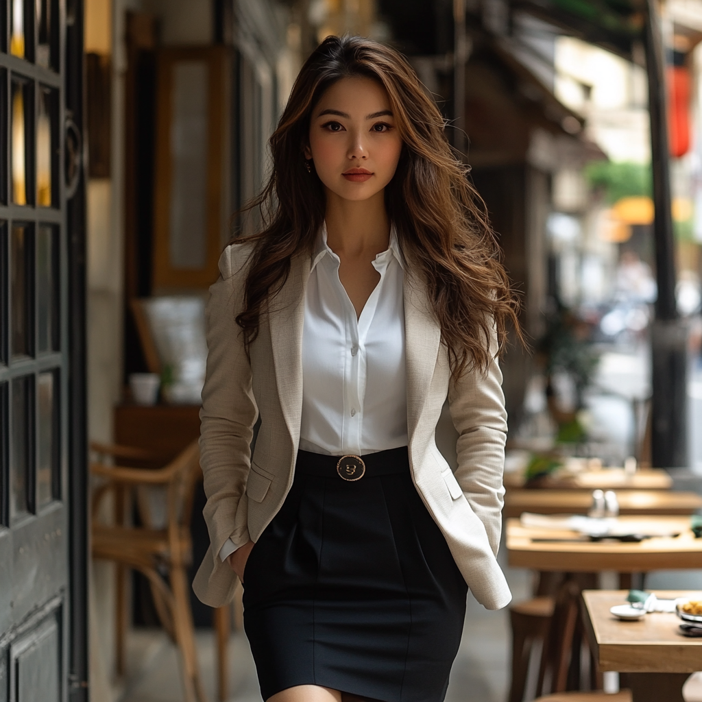 A waitress at a restaurant wearing formal attire