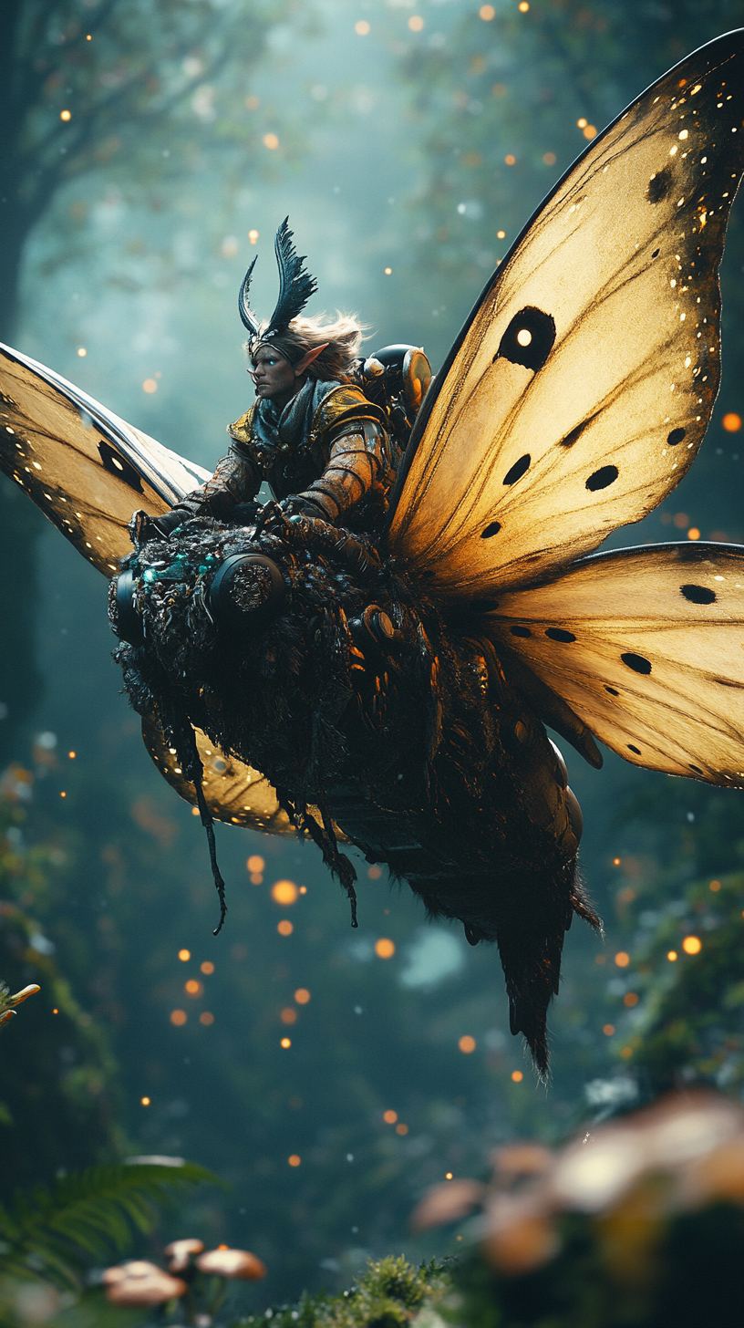 A warrior riding moth: detailed, realistic, vivid.