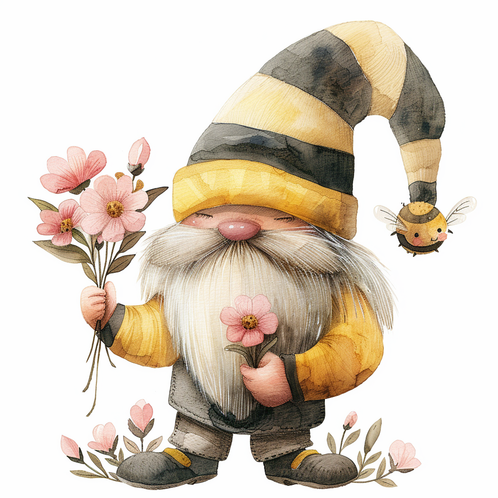 A watercolor gnome in bee-themed attire with flowers