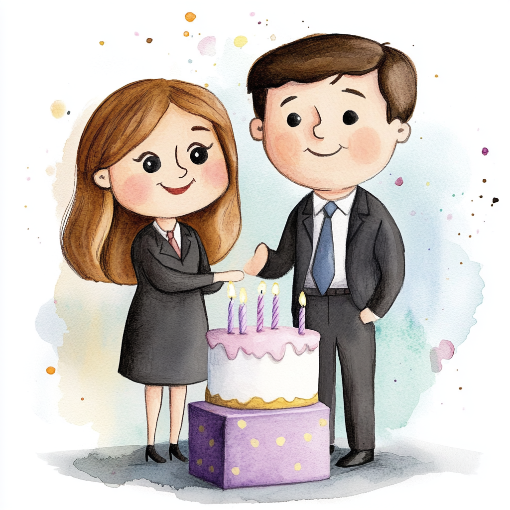 A watercolor painting of two Office characters on a birthday cake.