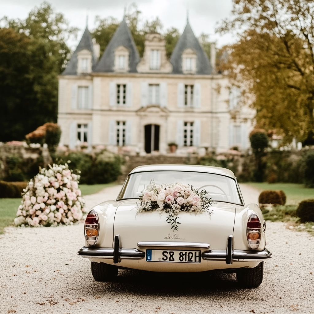 A wedding ceremony at a luxurious castle garden.