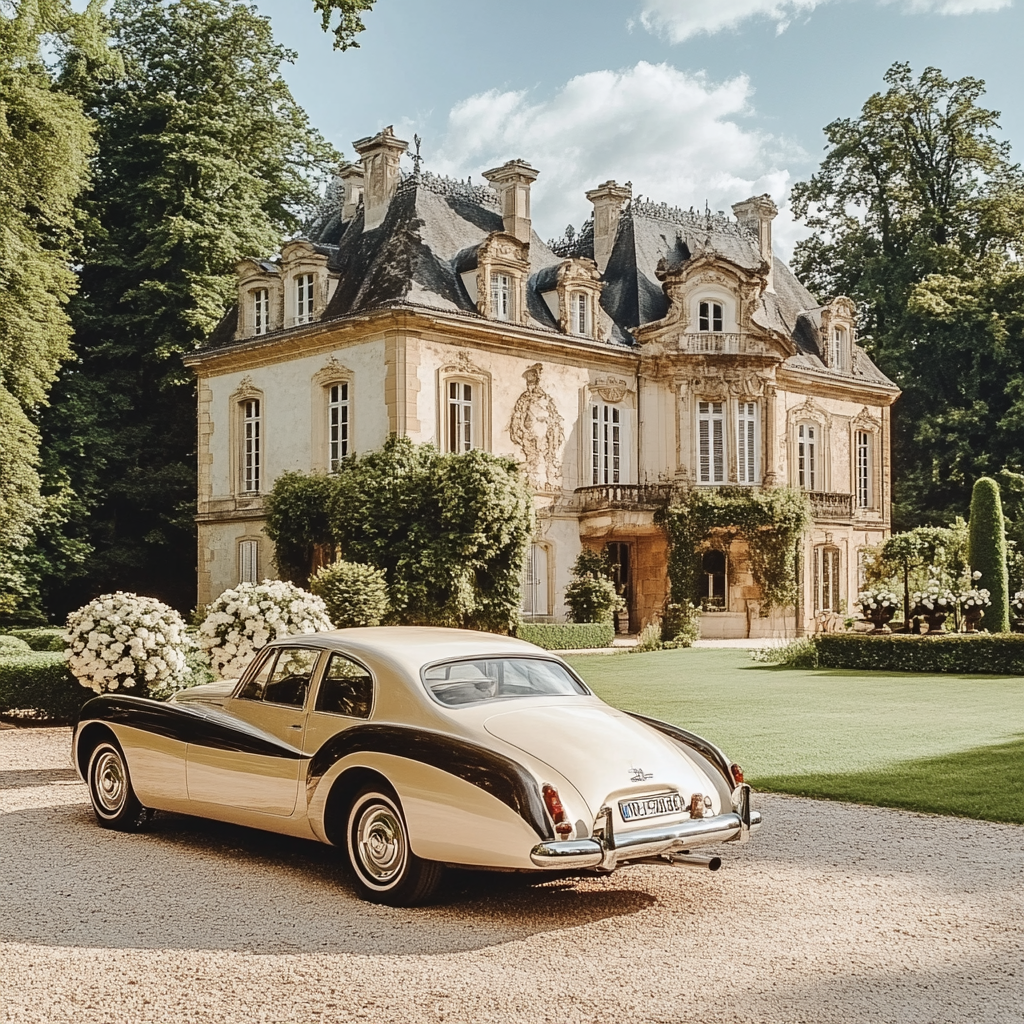 A wedding ceremony at luxurious castle garden.