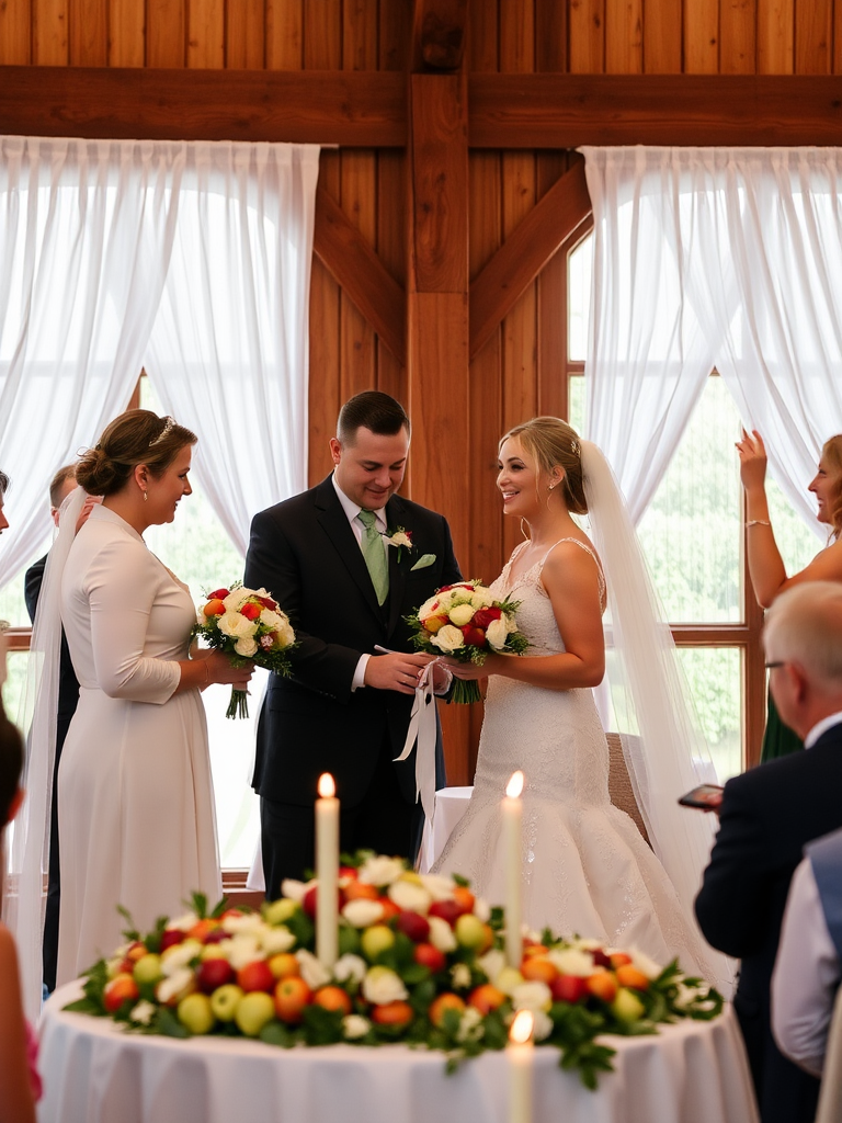 A wedding with apple decorations in a ceremony.