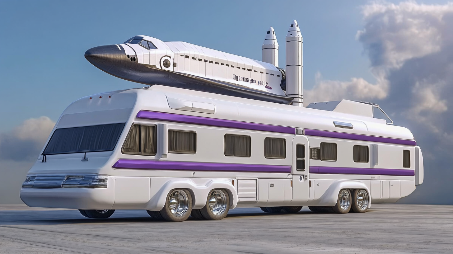 A white RV with purple stripe and rocket.